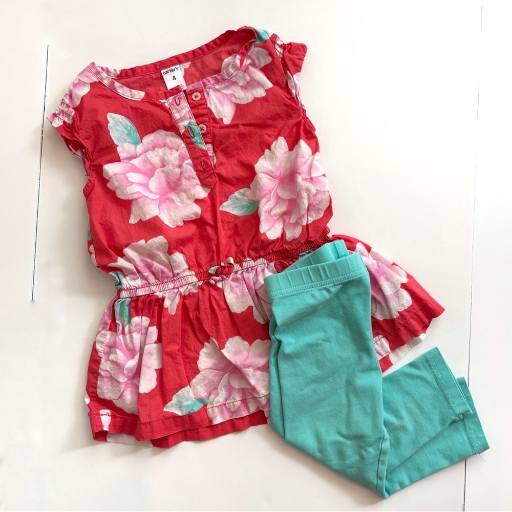 Carter's Red Floral Top with Teal Leggings